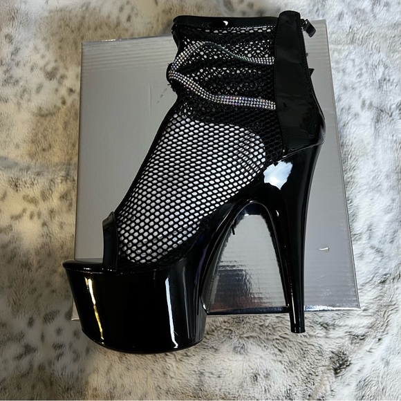 New Ellie Black 7” Fishnet Rhinestone Stiletto Platform Bootie Heels sz 10 - Picture 7 of 11